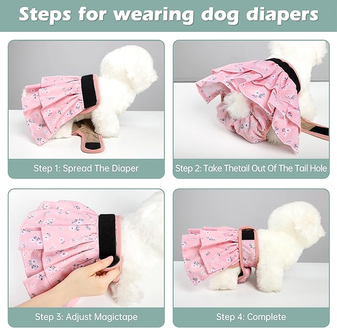 Washable Female Dog Diapers Skirt(4 Pack) - Reusable Doggie Diapers with Adjustable Snaps, High Absorbency Leak-Proof Puppy Diapers for Female Dog in Heat, Period, Incontinence XL