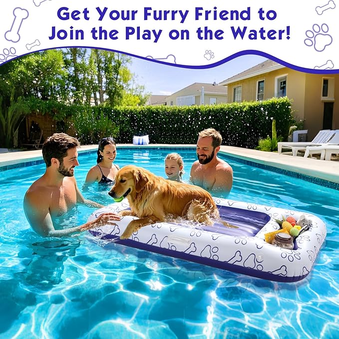 MoKo Dog Pool Float, 59 x 35 Inch Pool Floats for Small, Medium and Large Dogs, Floating Bed with Built-in Storage Area for Pet Toys and Food, Inflatable Dog Pool Float for Lake Camp, Blue Bone Claw