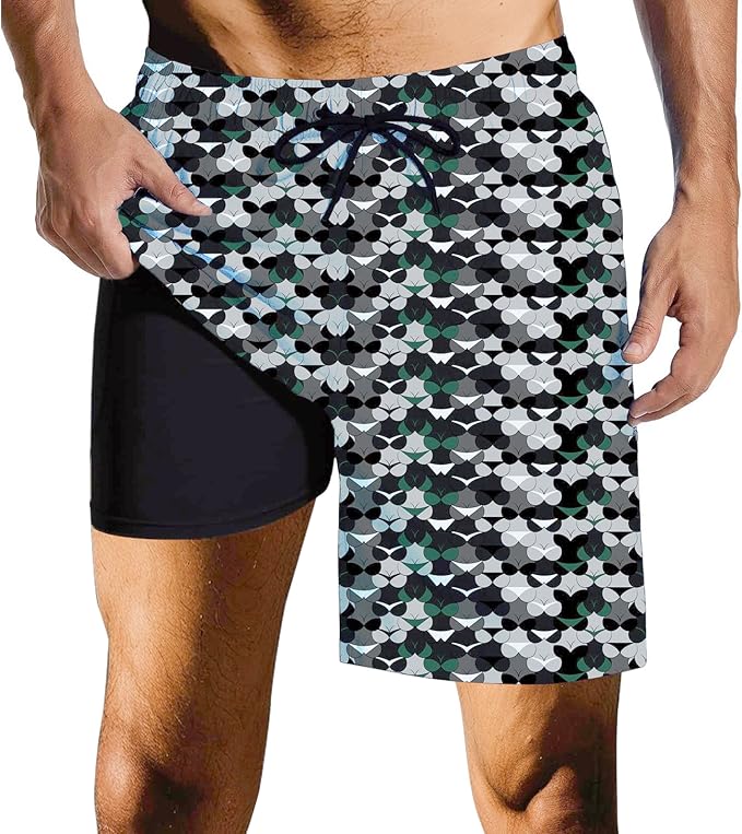 Mens Swim Trunks with Compression Liner Quick Dry Zipper Pocket Bathing