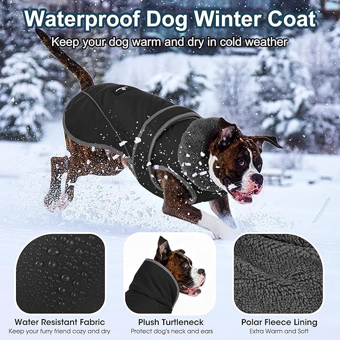 Dogcheer Dog Coat, Waterproof Dog Jacket Reflective Pet Winter Coat with Adjustable Hook & Loop, Christmas Puppy Fleece Jacket Warm Turtleneck Snowsuit for Small Medium Large Dogs - Black, L