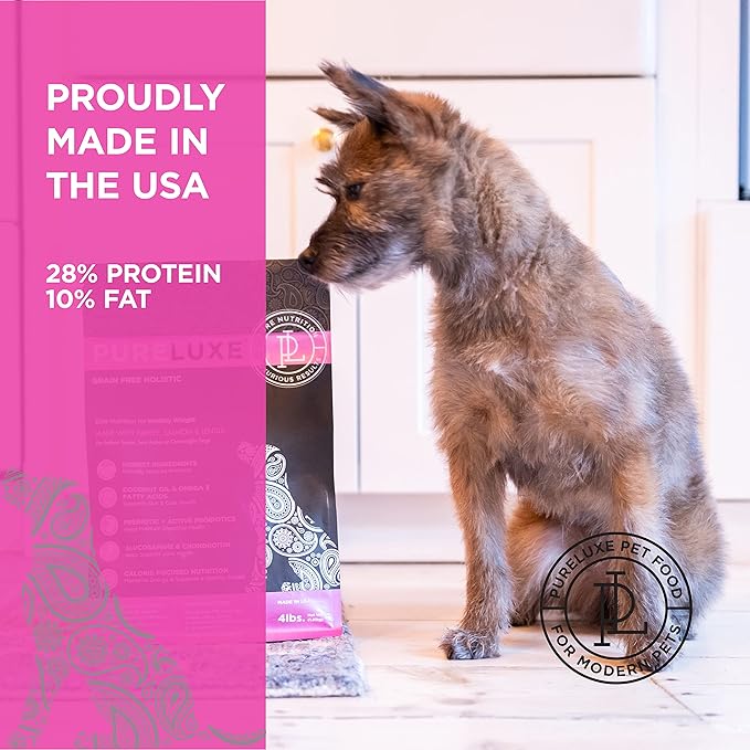PURELUXE Grain and Gluten Free Dog Food, Healthy Weight Elite Nutrition, Turkey, Salmon and Lentils, for Indoor Senior, Less Active or Overweight Dogs at All Life Stages, Made in The USA, 4lbs