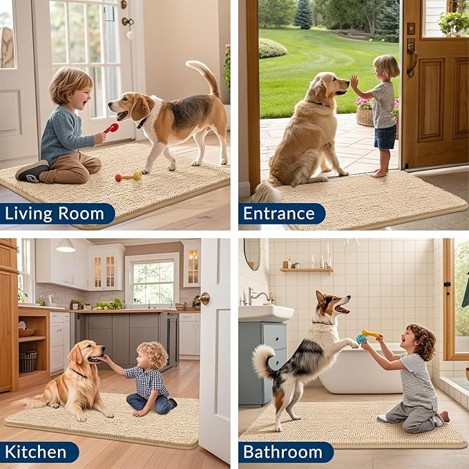Smiry Dog Door Mat for Muddy Paws 54x24, Absorbs Moisture and Dirt Doormat, Non-Slip Washable Quick Dry Chenille Front Door Mat Indoor Entrance, Entryway Carpet for Inside Floor, Beige