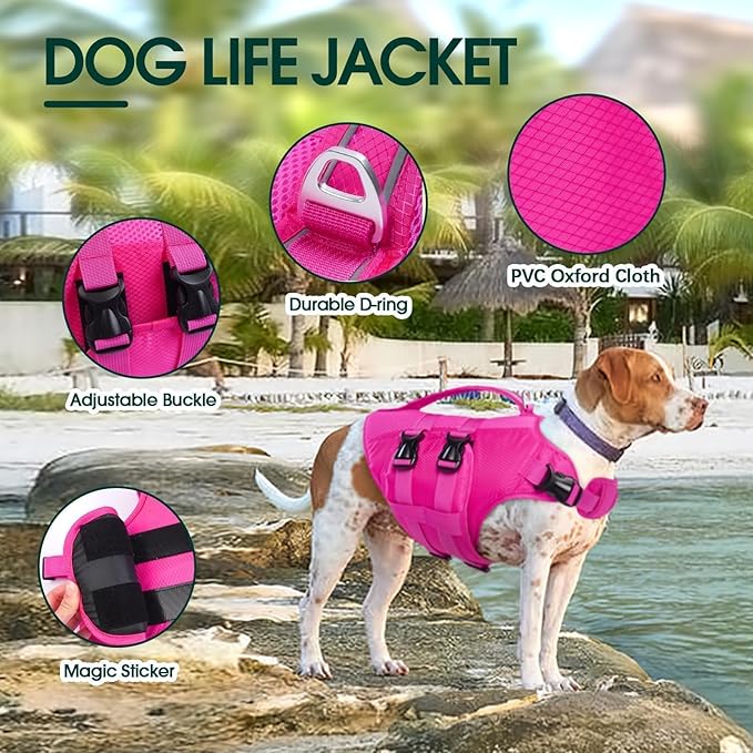 Kuoser Dog Life Jacket, XXL Dog Life Vest for Swimming Boating, Reflective Doggie Swimming Vest Pet Swim Preserver with Rescue Handle, Rosered XXL
