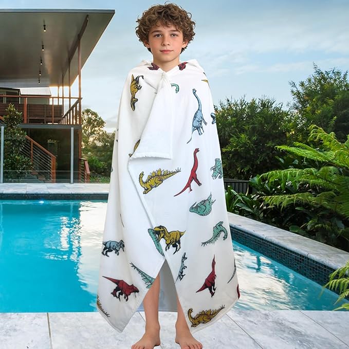 VOOVA & MOVAS Dinosaur Beach Towels with Hood for Teens & Big Kids 8Years Up | Soft, Absorbent 100% Cotton Towel Wrap for Boys | Beach, Pool, Swim & Bath Cover-Up