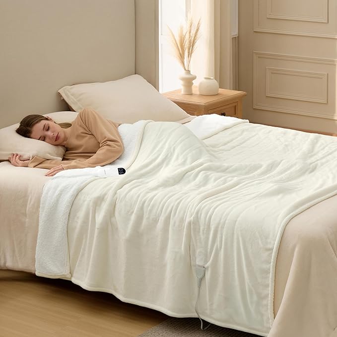 Bedsure Electric Blanket Twin - Soft Flannel Heated Blanket Twin Size, Fast Heating with 6 Time Settings (Up to 10H) & 6 Heat Settings, Warm Gift for Grandma (62x84 inches, Ivory)