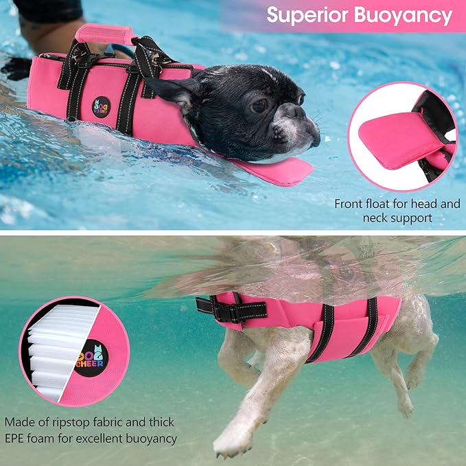 Dogcheer Dog Life Jacket with Zipper and Rescue Handle, Ripstop Puppy Life Vest with Chin Float for Swimming, Adjustable Swim Water Vest for Small Medium and Large Dogs-Pink,XL