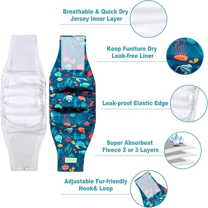 wegreeco Small Dog Diapers Male,Reusable Belly Bands for Male Dogs,Washable Doggie Puppy Diapers Wraps,Medium Large Size (5 Pack X-Large, Marine Animal)