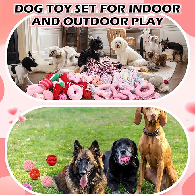 Syhood 60 Pcs Squeaky Dog Toys Bulk Stuffed Plush Chew Toys Puppy Teething Rope Cute Spiky Chew Ball for Small Dog Pet Teething Gift(Pink Style)
