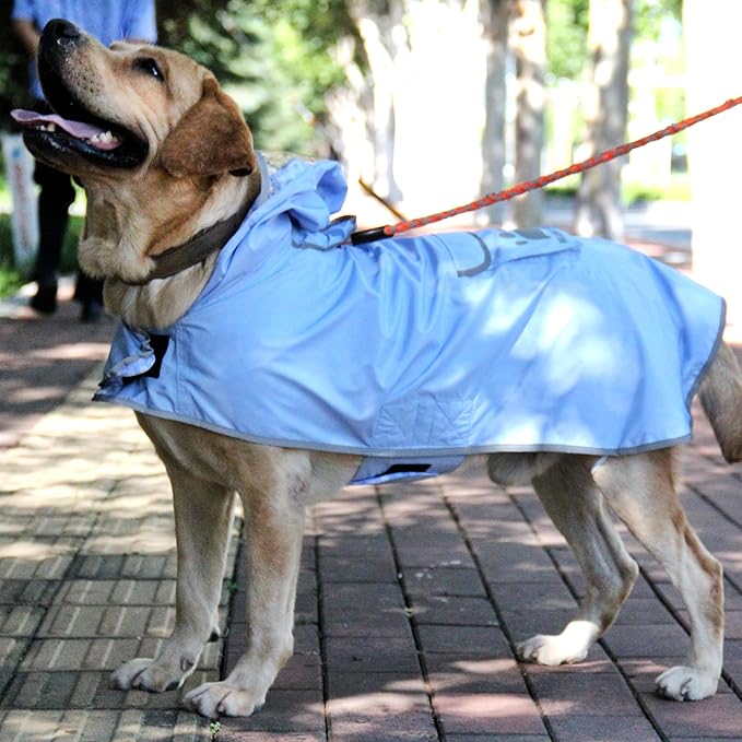 MAMORE Dog Raincoat Reversible,Waterproof Dog Rain Coat Hooded Slicker Poncho with Reflective Strip, Plaid Double Layer Rain Jacket for Small Medium Large Dogs (Light Blue, XX-Large(55-77lb))