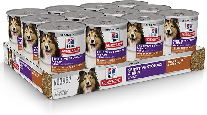 Hill's Science Diet Adult 1-6 Sensitive Stomach & Skin Wet Dog Food, Turkey & Rice Stew, 12.5 oz. Cans, 12-Pack