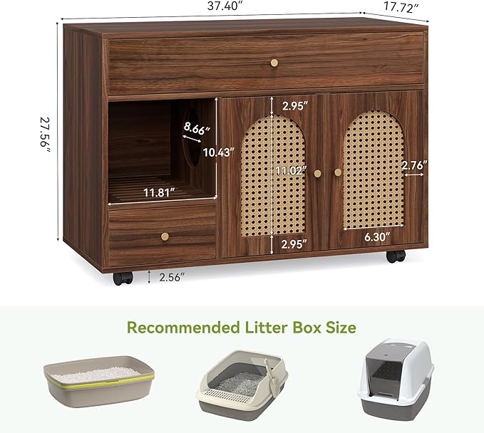 LITTLE TREE Wooden Cat Litter Box Enclosure with Wicker Doors, Hidden Litter Box Cabinet Furniture, Multi-Functional Storage Cabinet for Home Decor, Indoor Cats House for Privacy & Odor Control