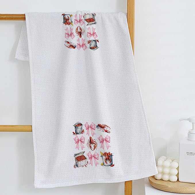 Coquette Pink Bow Crawfish Beach Kitchen Towels, Lobster Lover Gifts Dish Tea Towels for Kitchen, Seafood Boil Party Supplies, Coastal Nautical Decorative Hand Towels, 16x24 Inch