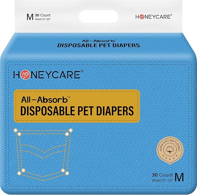 Honeycare Female Dog Diapers, Disposable Diapers for Female Dog with Stretchy Waist, Dog Pull-Ups for Easy wear, Dogs in Heat Period Super Absorbent Leak-Proof Doggie Diapers, Size Medium, 30 Count