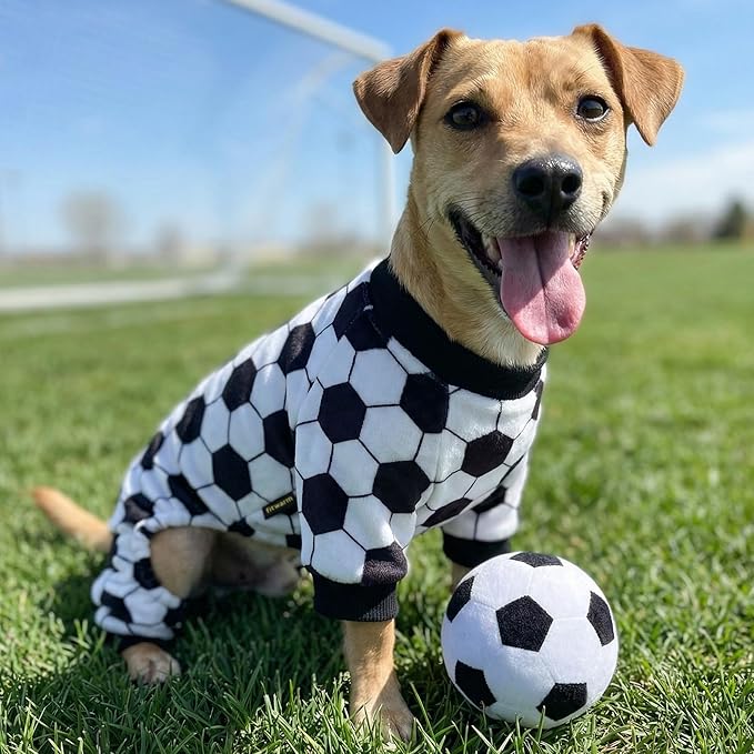 Fitwarm Soccer Dog Fleece Pajamas, Cozy Winter Clothes for Small Dogs Boy Girl, Funny Pet Clothes, Black, White, XL