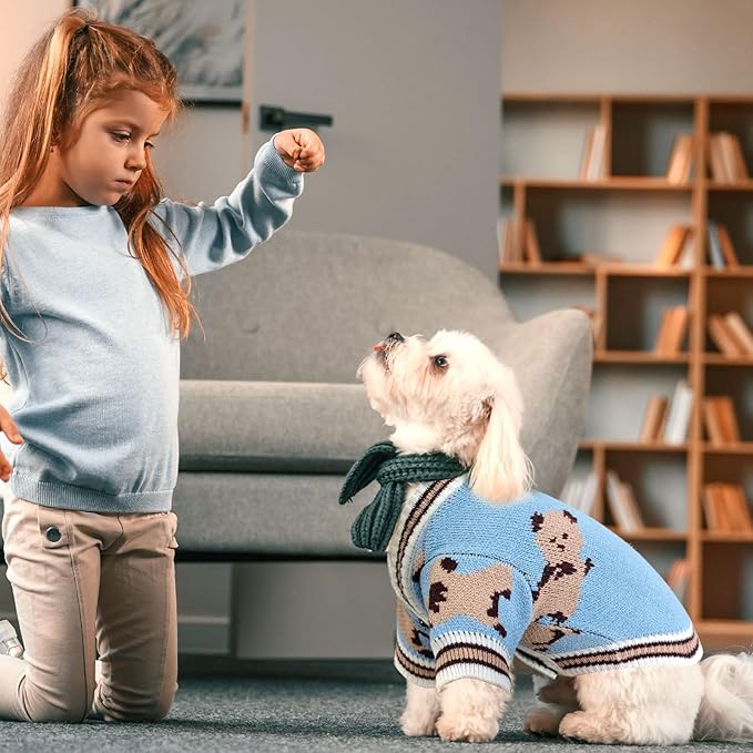 Small Dog Sweaters Cute Bear Dog Cardigans Clothes for Small Medium Dogs Boy Girl Puppy Cat Knitting Cardigan Outfits Dogs Winter Coats Warm Pet Doggy Clothes Soft Knitwear Apparel (Blue,S)