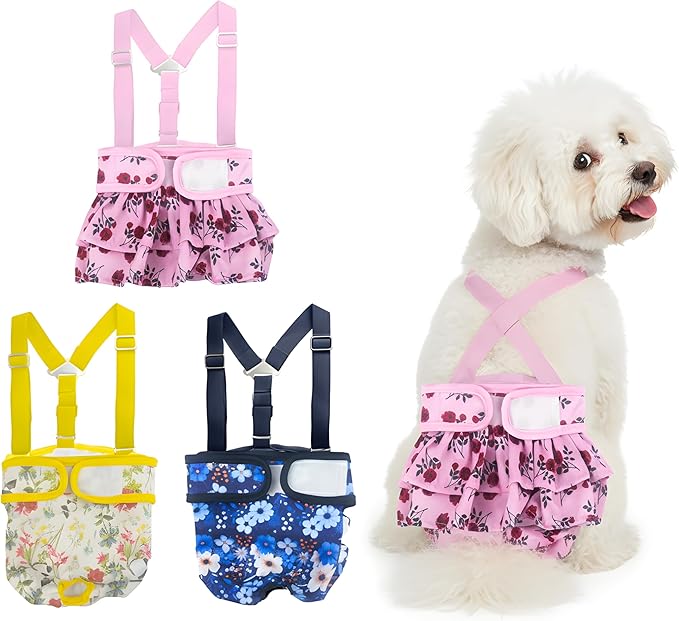 Washable Female Dog Diaper with Suspender - 3 Pack Reusable Super Absorbent & Leakproof Fixed Doggie Diapers for Dogs in Heat Cycle