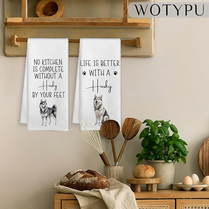 Funny Husky Kitchen Towels, Gifts for Husky Lovers, Dog Mom Dad Gifts Dish Tea Towels for Kitchen, Housewarming Gift Decorative Hand Towel, 16x24 Inch Set of 2