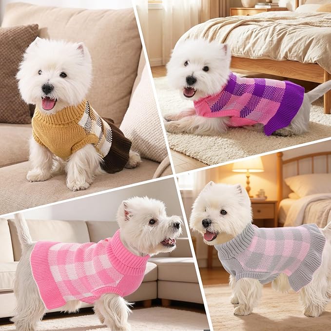 Dog Sweater Dress Plaid Knitwear for Small Medium Dogs Warm Puppy Pet Turtleneck Stretch Pullover Cute Fall Winter Vest Clothes with Leash Hole for Christmas (Grey, L)