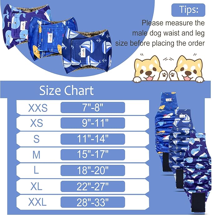 Reusable Dog Diapers Male 3Pcs, Premium Washable Belly Bands for Male Dogs Large, High Absorbing Male Dog Wraps for Doggie Puppy Excitable Urination and Training(Sailboat, L)