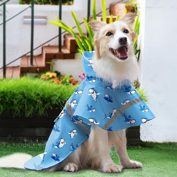 DELIFUR Large Dog Raincoat - Waterproof Dog Rain Poncho Adjustable Double Layer Rain Jacket with Hood for Medium Large Dogs Designed with Leash Hole Reflective Strip(Blue Shark, XX-Large)
