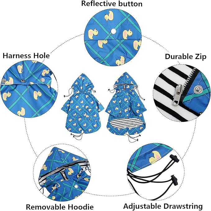 Dog Zip Up Raincoat with Reflective Buttons, Rain/Water Resistant, Adjustable Drawstring, Removable Hood, Raincoats with Legs 8lbs to 80lbs Available - Grid Blue - Large