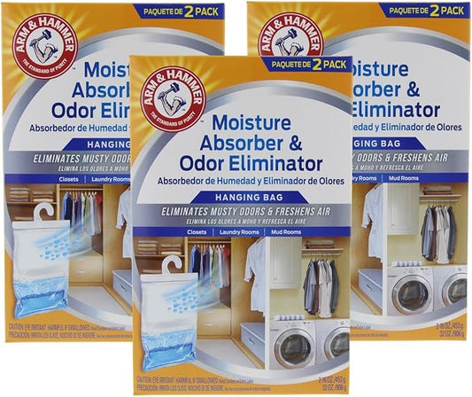 Arm & Hammer Moisture Absorber & Odor Eliminator 16oz Hanging Bag, 3 Pack (6 Bags Total) – Eliminates Musty Odors & Freshens Air for Closets, Laundry Rooms, Mud Rooms