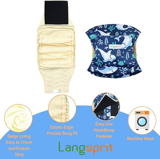 Langsprit Male Belly Bands for Dogs (Pack of 3) - High Absorbing Dog Wraps Male Washable - Reusable Dog Diapers (Sloth,Whale,Dinosaur, XX-Large)