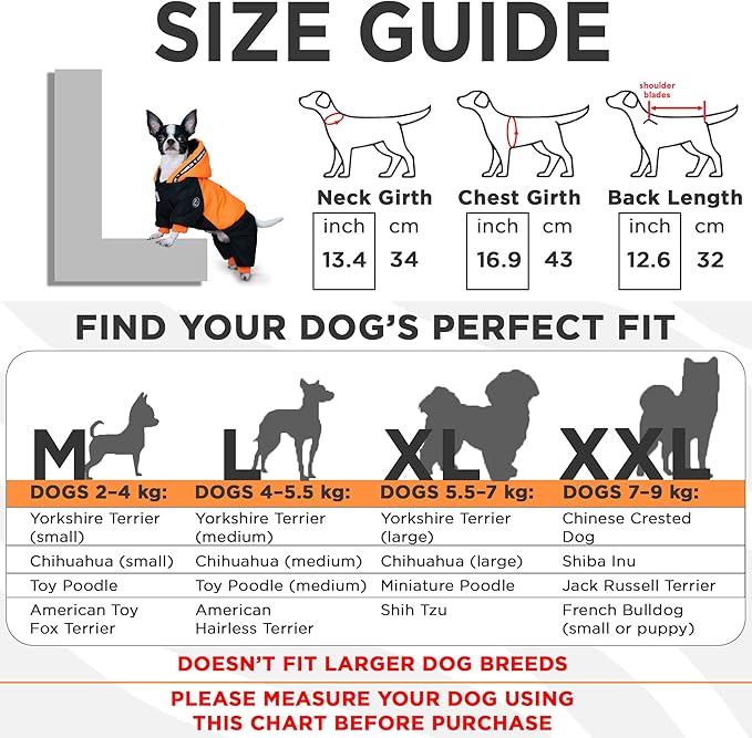 Waterproof Full Body Winter Jacket for Dogs, Dogs Snowsuit, Perfect for Cold Weather, Ideal for Small and Medium Breeds (Orange, L:Chest 16.9'', Length: 12.6'')