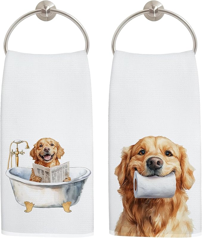 Funny Golden Retriever Bathroom Hand Towels, Gifts for Golden Retriever Lovers, Funny Bathtub Dog Hand Towels for Bathroom Toilet Washroom Restroom Decor, 16x24 Inch Set of 2