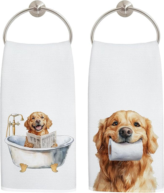 Funny Golden Retriever Bathroom Hand Towels, Gifts for Golden Retriever Lovers, Funny Bathtub Dog Hand Towels for Bathroom Toilet Washroom Restroom Decor, 16x24 Inch Set of 2