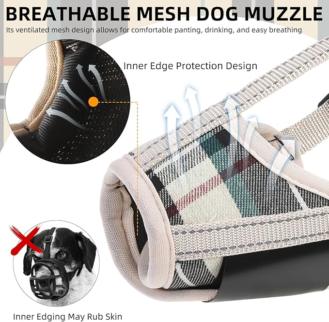 PUPTECK Dog Muzzle, Soft Adjustable Loop Reflective Pet Muzzle Prevent Biting Barking Chewing, Breathable Muzzle with Air Mesh Dog Mouth Guard Drinkable for Large Medium Small Sized, Beige Plaid S