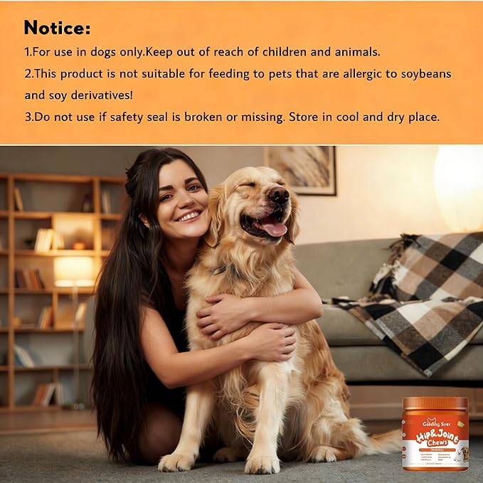 Hip and Joint Supplement for Dogs Glucosamine for Dogs, Mobility, Flexibility & Comfort Support, Hip and Joint Supplement with Chondroitin, MSM, Vitamins C & E, 120 Chews Chicken Flavored