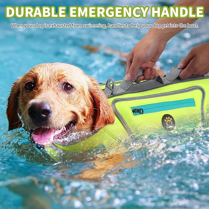 Dog Life Vest for Swimming, High Flotation Dog Life Jacket for Large Dogs Good Visibility Reflective Pet Floating Vest, Adjustable Neoprene Dogs Swimsuit with Rescue Handle (Green, L)