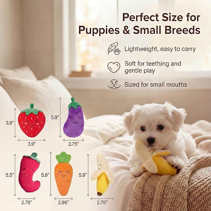 Pets&Goods Plush Squeaky Dog Toys – 5-Pack Fruit & Veggie Set for Puppies & Small Dogs – Soft, Crinkle, Durable Toys for Indoor Play, Teething Puppies & Dog Gifts