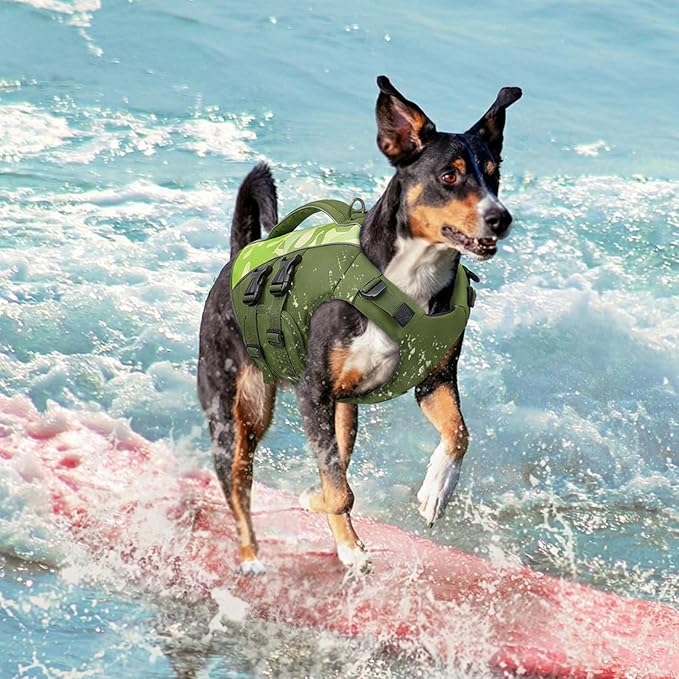 Queenmore XS Dog Life Jacket,Reflective Small Dog Life Vest for Swimming Boating，Adjustable Pet Life Vest for Extra Small Dogs with High Buoyancy,Dog Swimming Vest with Handle(Green Camouflage,XS)