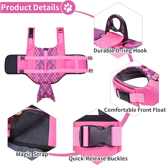 Malier Dog Life Jacket, Ripstop Dog Life Vest with High Buoyancy for Swimming Boating, High Visibility Shark Puupy Lifesaver for Small Medium Large Dogs (Pink #1, XX-Large)