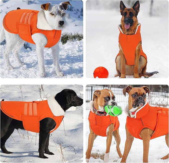 Mklhgty Extra Warm Dog Coat, Waterproof Dog Winter Jacket with Leash Portal, Fleece Reflective Pet Snow Vest for Small Medium Large Dogs - Orange - S