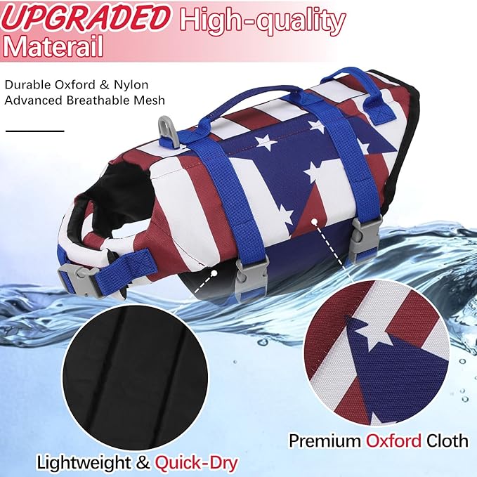 EMUST Dog Life Jacket, Lightweight Dog Life Vests with Rescue Handle for Small Medium and Large Dogs, Pet Safety Swimsuit Preserver for Swimming Pool Beach Boating, 2XL, FlagStar