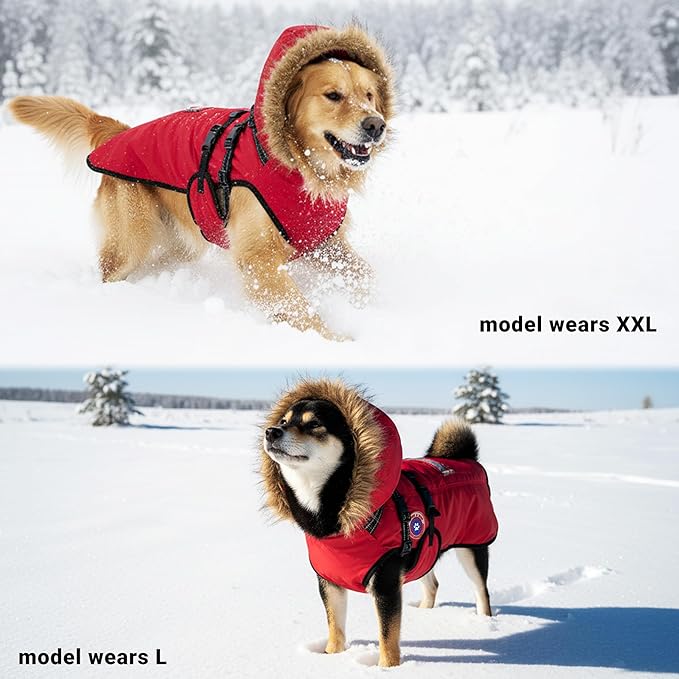 PAWNISAW Dog Winter Coat with Harness Built in, Warm Thick Plush Hooded Dog Snow Jacket for Cold Weather, Windproof Reflective Pet Clothes Outfit for Small, Medium, Large, XL & XXL Dogs Outdoor