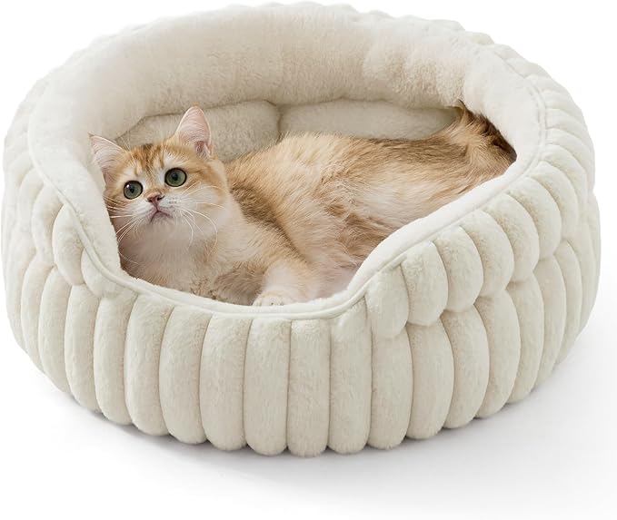Bedsure ComfyFleece™ Cat Bed, Washable Round Cute Pet Beds for Indoor Cats, Super Soft Corduroy Kitten Bed with Anti-Slip Bottom, 20''x20''x8'', Cream