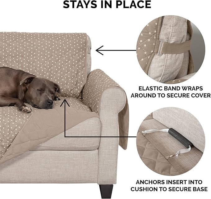 Furhaven Water-Resistant & Reversible Large Sofa/Couch Cover Protector for Dogs, Cats, & Children - Quilted Polka Paw Living Room Furniture Cover - Biscuit Brown, Large Sofa