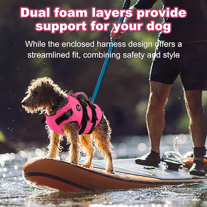Dogcheer Dog Harness Life Jacket, High Buoyancy Neoprene Dog Life Vest for Swimming Boating, Adjustable Puppy Swim Vest Reflective Pet Float Vest for Small Medium Large Dogs - Pink, L