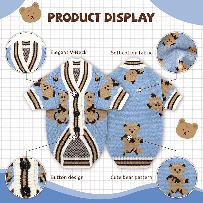 Small Dog Sweaters Cute Bear Knitted Dog Cardigans Clothes for Small Medium Dogs Soft Pet Puppy Cat Knitting Outfits Fall Winter Warm Boy Girl Dogs Knitwear Coat Apparel（Blue,Medium）