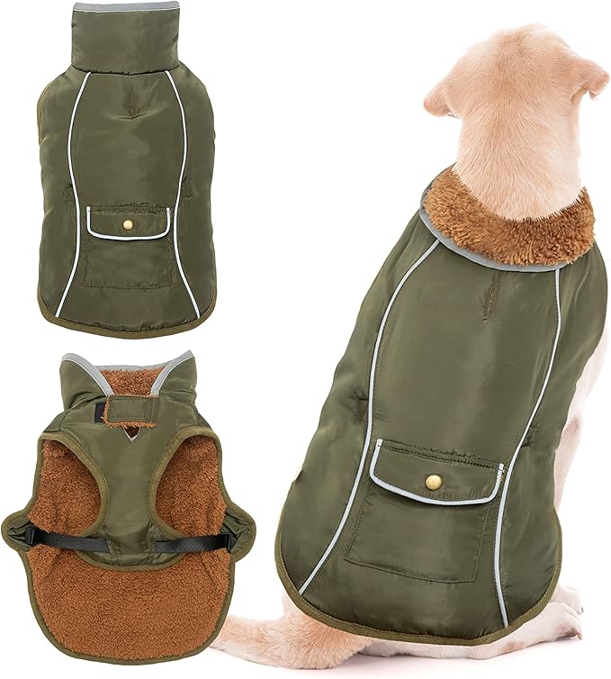 Dog Winter Coat - Warm Dog Clothes for Rain Snow Wind Cold Weather - Reflective Green Adjustable Windproof Pet Vest Jacket with Leash Hole for Small Medium Large Dogs Indoor Outdoor