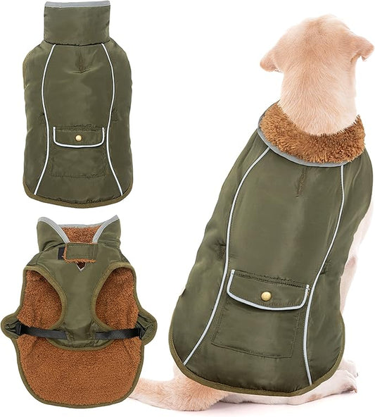 Dog Winter Coat - Warm Dog Clothes for Rain Snow Wind Cold Weather - Reflective Green Adjustable Windproof Pet Vest Jacket with Leash Hole for Small Medium Large Dogs Indoor Outdoor