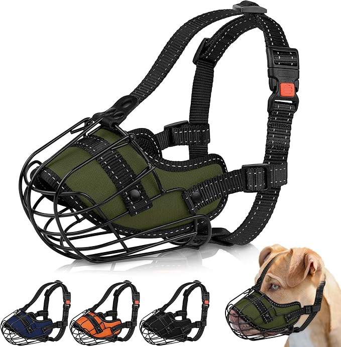 OOPSDOGGY Pitbull Dog Muzzle Reflective Metal Mask Secure Wire Basket Muzzles for Large Sized Dogs Amstaff Soft Cage to Prevent Biting Chewing with Adjustable Nylon Straps (Green, Pitbull)