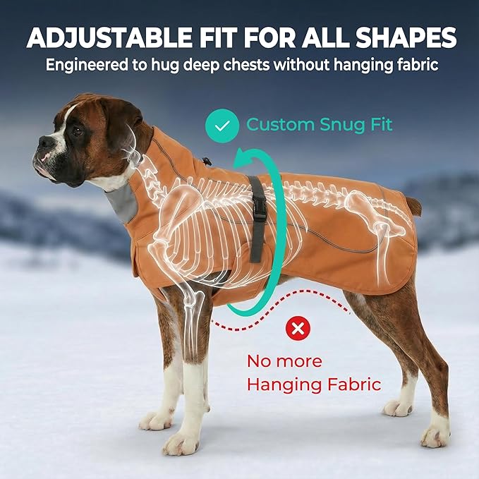 Softshell Dog Winter Vest, Fleece Lined Water-Repellent Jacket with Fur-Safe Buckle (No Hook & Loop) for Hiking, Adjustable Reflective Winter Coat for Active Dogs (Aurantium, Large)