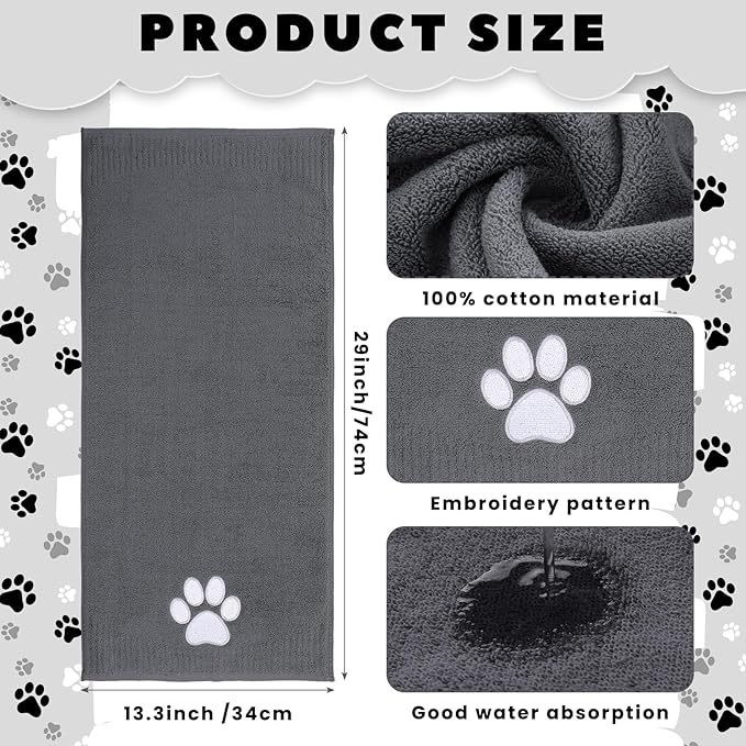 2 Pcs Dog Paw Hand Towels Dark Grey Bathroom Decor 13 x 29 Inch 100% Cotton Embroidered Hand Towels Soft Absorbent Farmhouse for Kitchen Restroom
