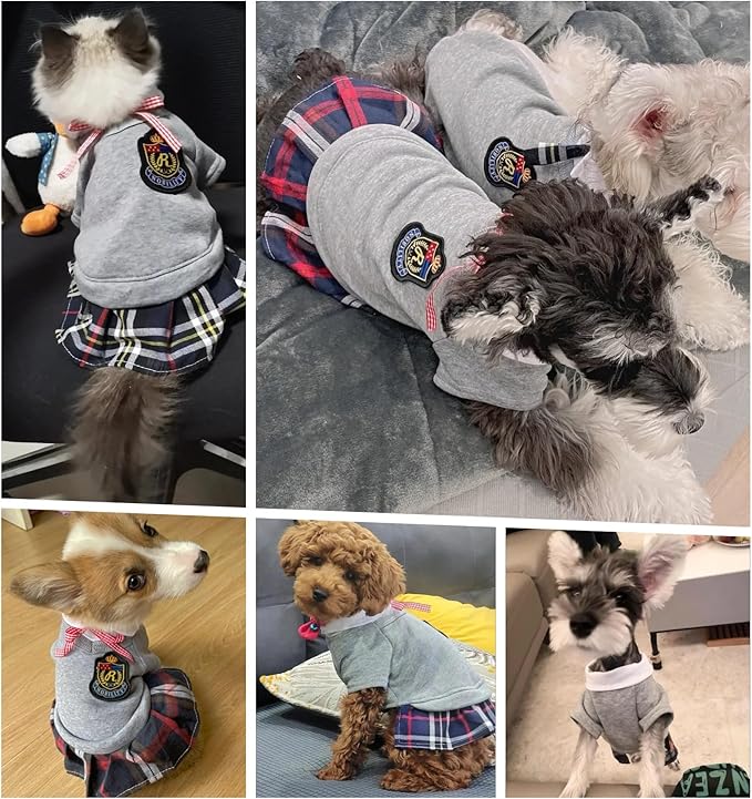 Selena Pet Uniform School Skirts Sailor Costume Dog Campus Clothes Teddy Cute Bowtie Adorable Puppy Apparel (Small,Gray Shirt)