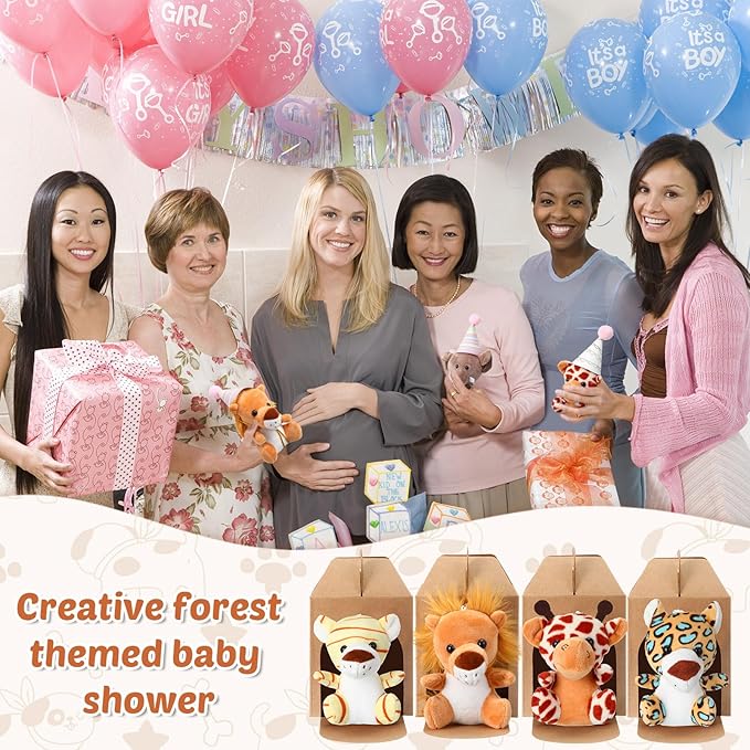 20 Set Safari Mini Jungle Animal Plush Toys Stuffed Forest Animals Plush Toys Set with Birthday Hats Kraft Paper Boxes Adopt Pet for Kid Theme Birthday Favor(Jungle)